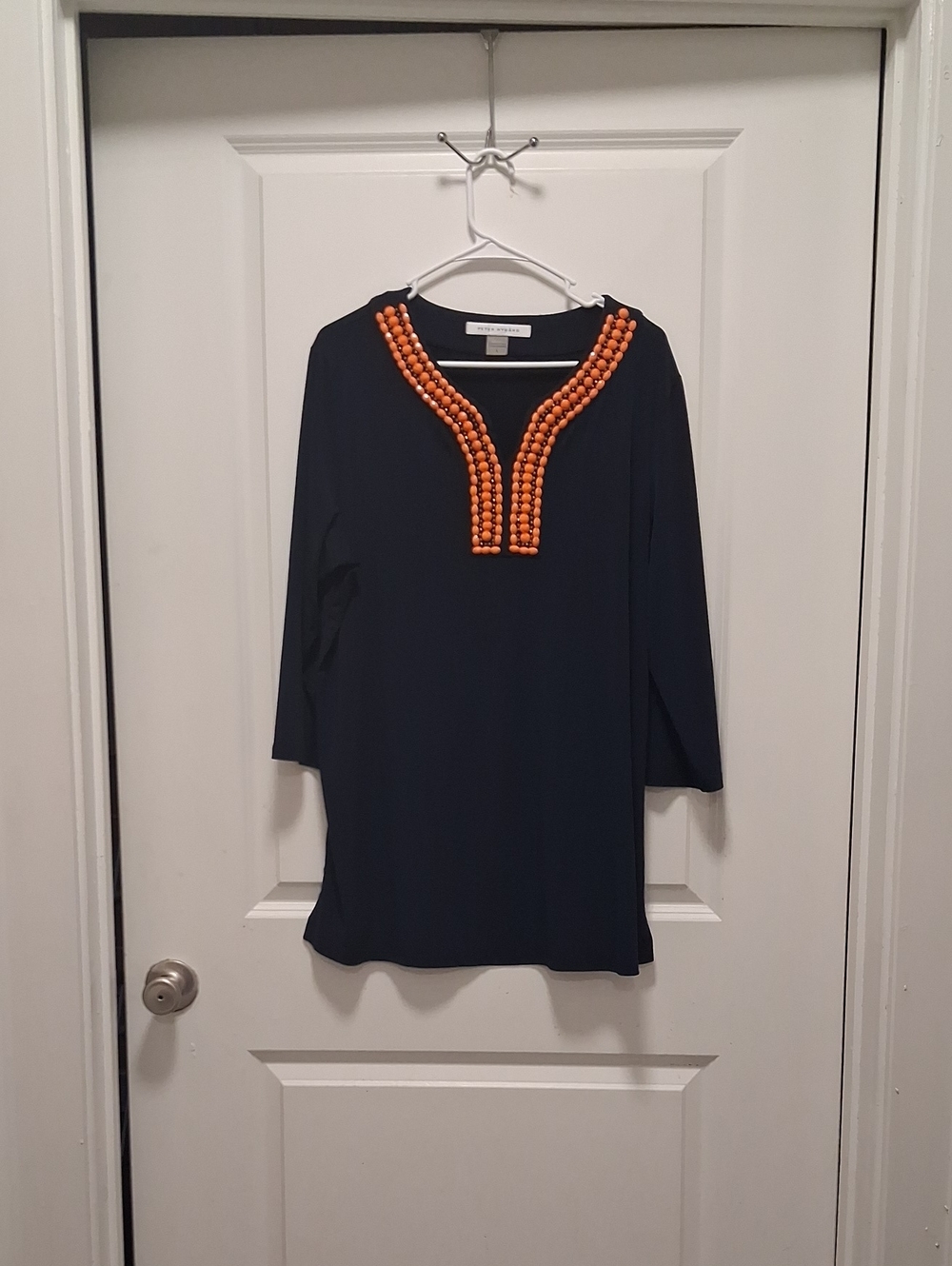 Peter Nygard Navy Tunic with Orange Beaded V-Neck